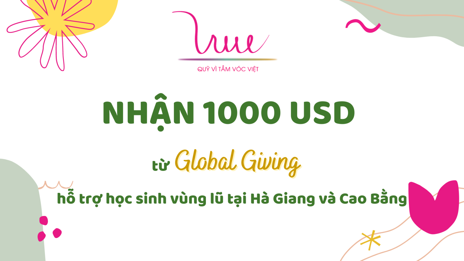 Quỹ Vì Tầm Vóc Việt nhận tài trợ 1000 USD từ Global Giving hỗ trợ học sinh vùng lũ Hà Giang và Cao Bằng